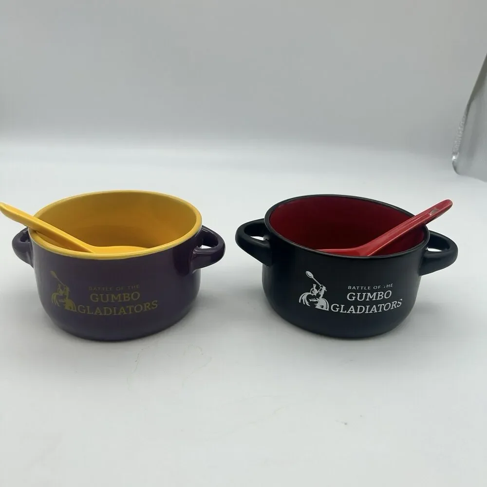 Battle of the Gumbo Gladiators Ceramic Gumbo Bowls w/Spoons Set of 2 SHREVEPORT